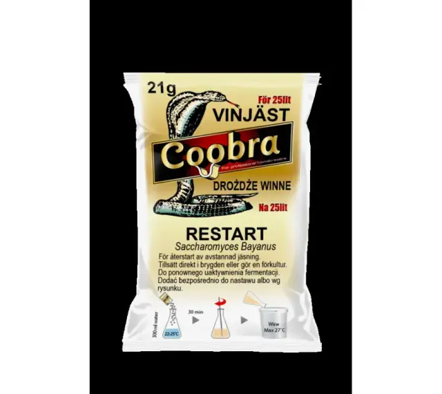 Opakowanie drożdży Coobra Restart Saccharomyces Bayanus, 21g, na 25 litrów nastawu. Idealne, gdy zastanawiasz się, ile drożdży do wina dodać, by wznowić fermentację.