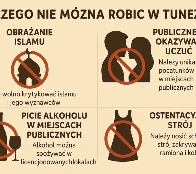 Informacje o tym, czy Tunezja jest bezpieczna, obejmują zakaz obrażania islamu, publicznego okazywania uczuć, picia alkoholu w miejscach publicznych i ostentacyjnego stroju.