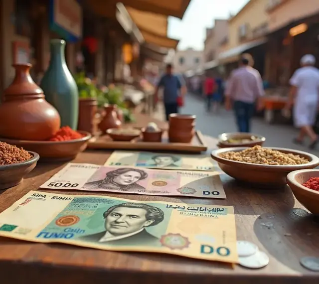 Na stole leżą banknoty, które mogą być tunezyjską walutą, obok miseczek z przyprawami i ziarnami.