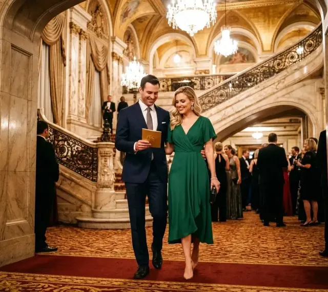Elegancka para wchodzi na galowy wieczór. Czy to filharmonia? Wspaniałe wnętrze, schody i kryształowe żyrandole sugerują uroczystość.