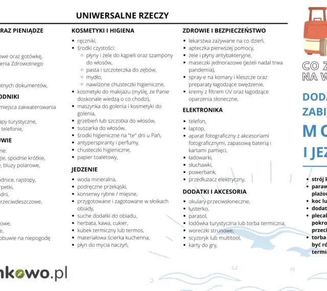 Lista rzeczy, co zabrać na wakacje nad morze z dzieckiem: dokumenty, kosmetyki, leki, ubrania, jedzenie, elektronika i akcesoria plażowe.