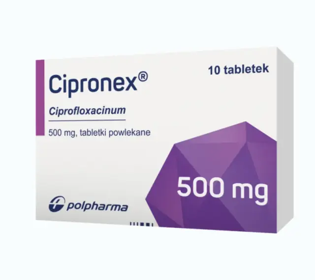 Opakowanie leku Cipronex 500 mg, zawierające 10 tabletek powlekanych. Producent: Polpharma.