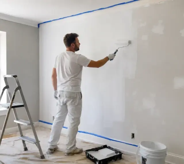 Mężczyzna maluje ścianę wałkiem. Widać wiadro z farbą i kuwetę. Przygotowanie pod malowanie, czyli gruntowanie, jest kluczowe.