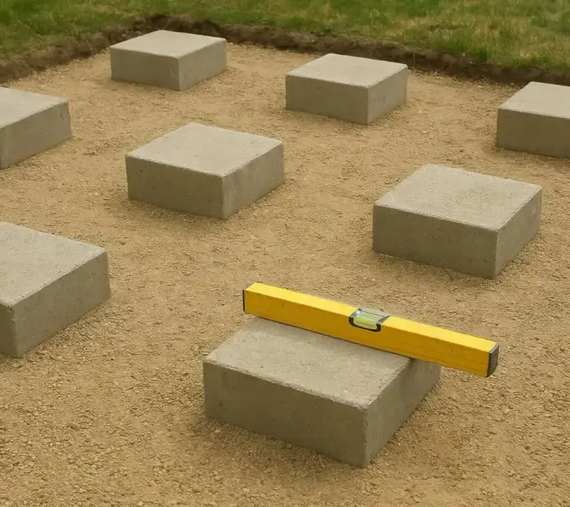Układanie betonowych bloków pod przyszły taras. Poziomica na jednym z nich zapewnia równość.