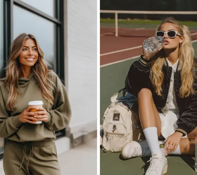 Mujer con conjunto deportivo color oliva y café. Otra mujer con estilo sporty en cancha de tenis, bebiendo agua.