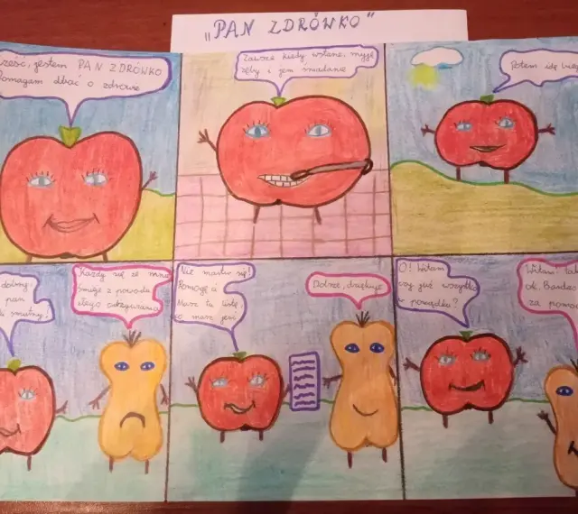 Krótki komiks do szkoły: Pan Jabłko, Pan Zdrówko, pomaga smutnej gruszce.