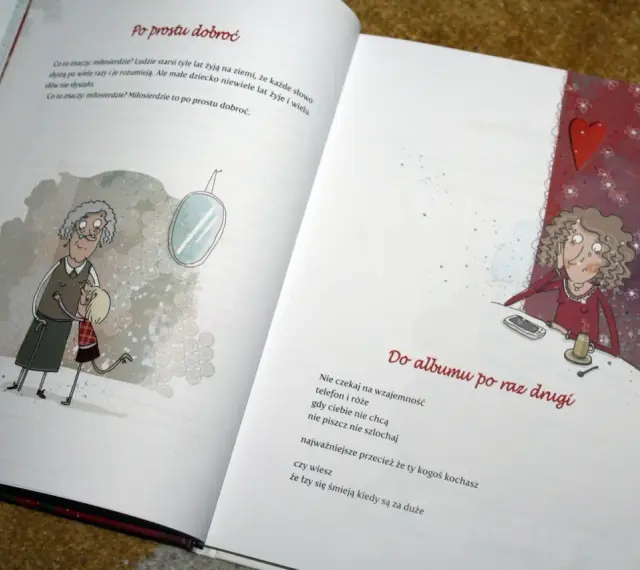 Ilustracje do wierszy Jana Twardowskiego dla dzieci. Babcia przytula wnuczkę, a na drugiej stronie kobieta siedzi przy stole.