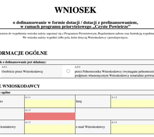 Formularz wniosku o dofinansowanie, sekcja "Dane Wnioskodawcy" zawiera pola na nazwisko, PESEL i dane kontaktowe.
