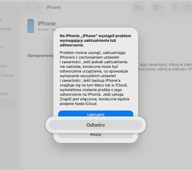 Komunikat o błędzie na iPhonie, który wymaga uaktualnienia lub odtworzenia. Aby rozwiązać problem, kliknij "Uaktualnij" lub "Odtwórz", aby odblokować iPhone'a.
