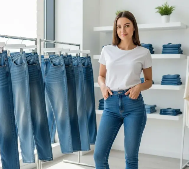 Kobieta w białej koszulce i jasnych jeansach stoi obok wieszaków z różnymi modelami jeansów. Idealny przykład, co pasuje do jasnych jeansów.
