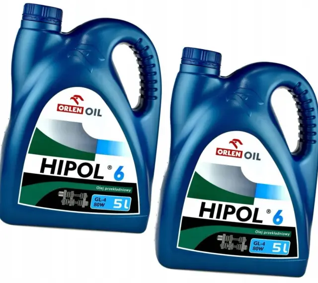 Dwie niebieskie bańki oleju przekładniowego HIPOL 6, każdy po 5 litrów, z logo Orlen Oil.