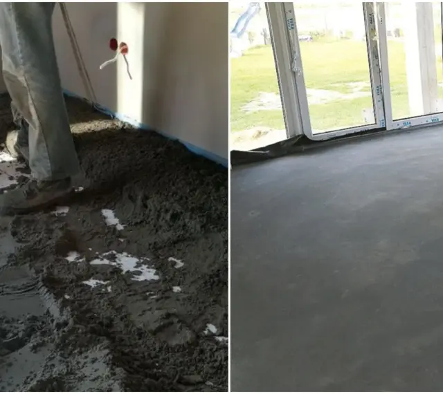 Prace budowlane: wylewanie posadzki z suchego betonu, a następnie gładka, gotowa powierzchnia.