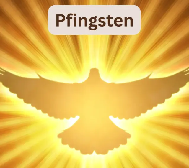 Ein leuchtender Geist in Taubenform vor goldenen Strahlen. Pfingsten 2027 – ein Symbol des Friedens und der Hoffnung.