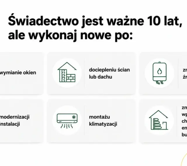 Kto wystawia świadectwo energetyczne? Nowe po wymianie okien, dociepleniu, zmianie źródła ciepła, modernizacji instalacji, montażu klimatyzacji lub zmianach wpływajacych na charakterystykę energetyczną budynku.
