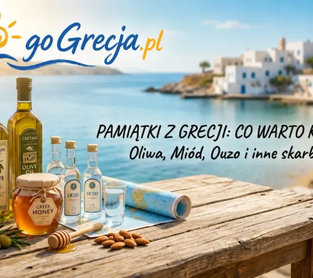 Oliwa, miód, ouzo – co przywieźć z Grecji? Pamiątki z wakacji na stole z widokiem na grecką wyspę.