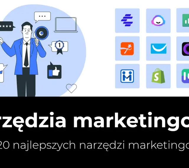 Ilustracja przedstawia mężczyznę z megafonem otoczonego ikonami symbolizującymi narzędzia marketingowe, takie jak smartfon, gwiazdki, serce, wykresy i torba na zakupy.