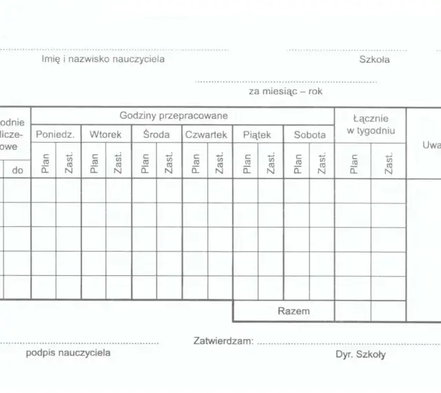 Formularz do rozliczania godzin pracy nauczyciela, uwzględniający godziny ponadwymiarowe, z podziałem na dni tygodnia i typy zajęć (plan, zastępstwo).