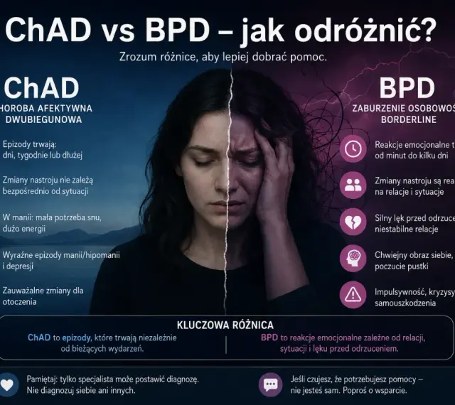 ChAD vs BPD: porównanie objawów. ChAD to epizody trwające niezależnie od sytuacji, BPD to reakcje emocjonalne zależne od relacji i lęku przed odrzuceniem.