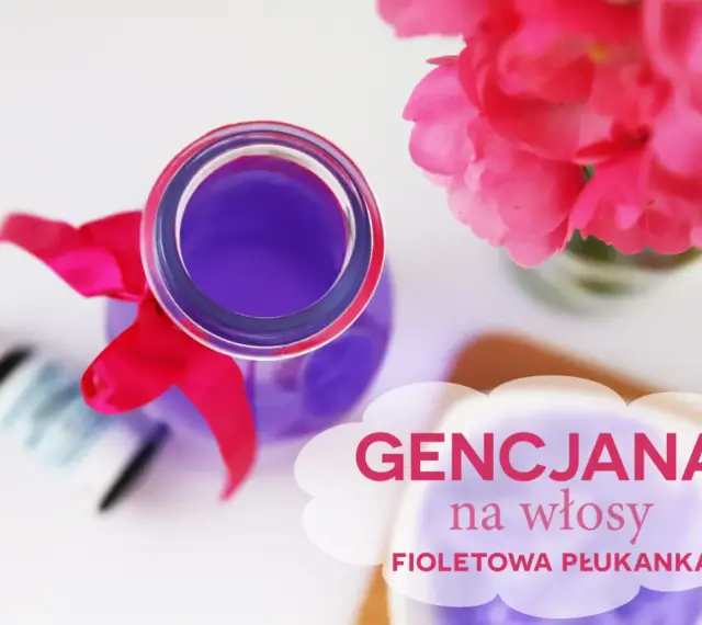 Fioletowa płukanka do włosów z różową wstążką i kwiatami. Zobacz efekty!