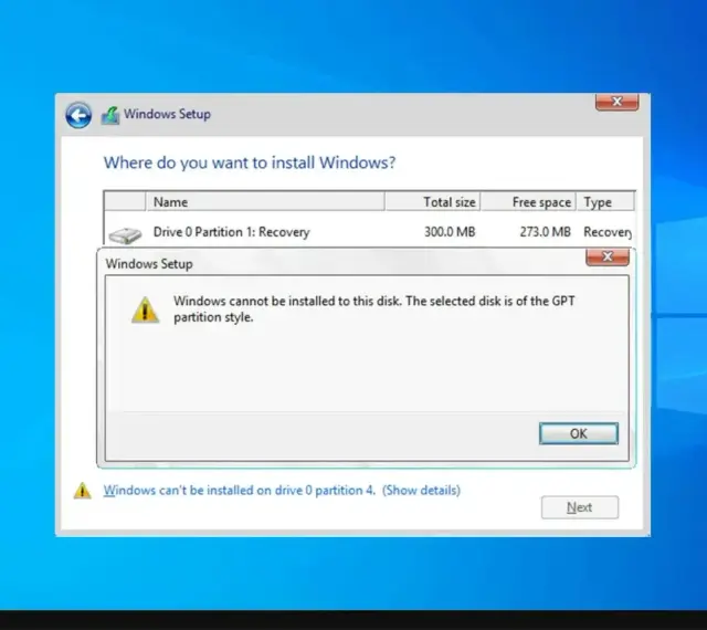 Komunikat błędu instalatora Windows: nie można zainstalować systemu Windows na tym dysku, ponieważ jest on w stylu partycji GPT.