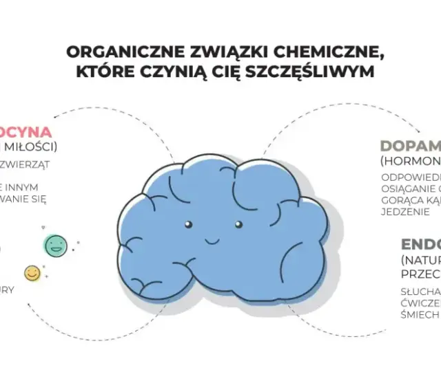 Dopamina, hormon nagrody, uwalnia się podczas snu, osiągania celów, kąpieli i jedzenia. Obrazek przedstawia mózg i związki chemiczne szczęścia.