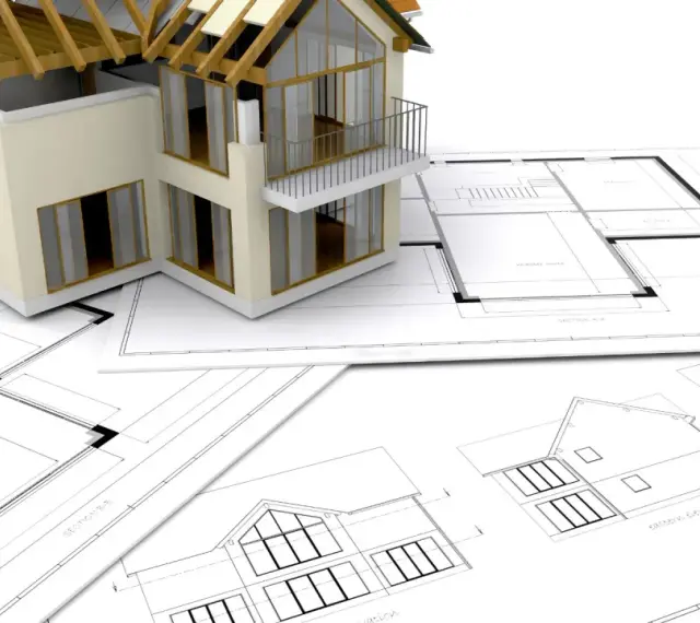 Model domu na planach architektonicznych. Zastanawiasz się, ile trwa budowa domu? To zależy od wielu czynników.