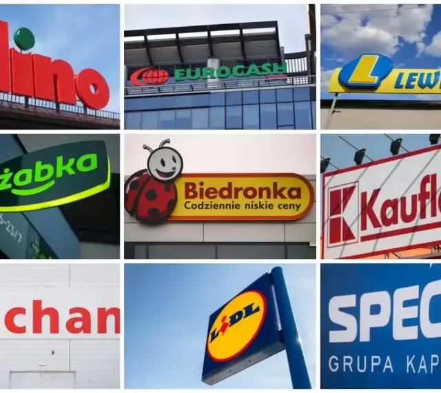 Logo sklepów: Dino, Eurocash, Lewiatan, Żabka, Biedronka, Kaufland, Auchan, Lidl, Specjał. Zastanawiasz się, ile zarabia się w Żabce?