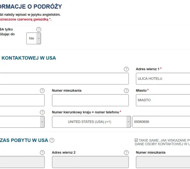 Formularz do wpisania danych podróży i kontaktu w USA, niezbędny do uzyskania wizy do USA.