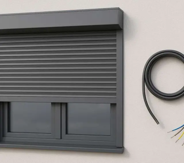 Szary, elektryczny system rolet zewnętrznych zamontowany na ścianie, obok zwinięty kabel z kolorowymi przewodami.