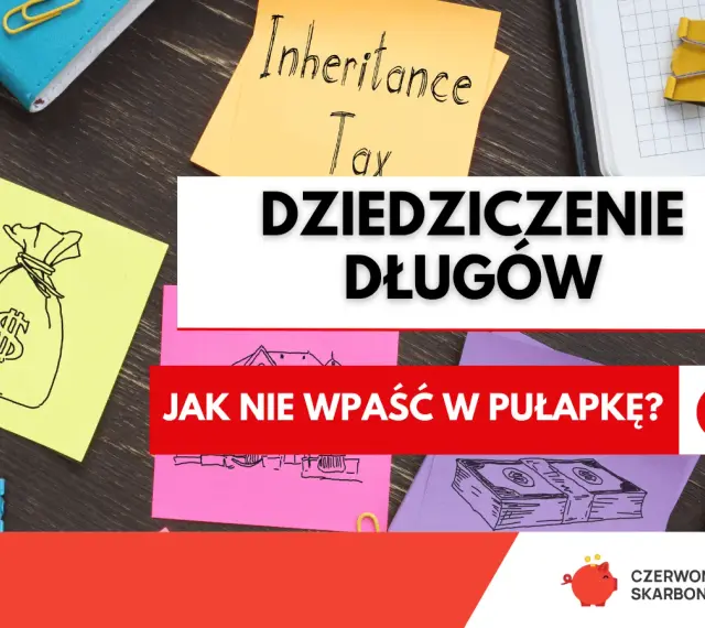 Nalepki z rysunkami worka pieniędzy, domu i stosu banknotów. Tekst: "DZIEDZICZENIE DŁUGÓW".