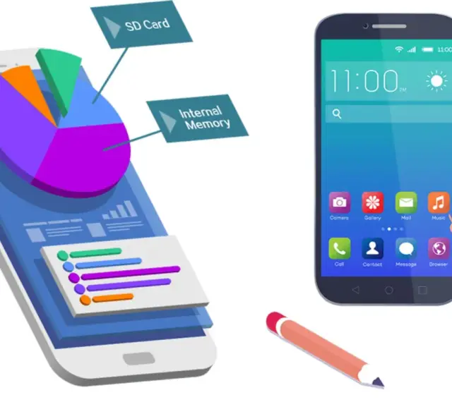 Program do odzyskiwania danych z telefonu pokazuje wykres kołowy pamięci wewnętrznej i karty SD. Obok smartfon z ikonami aplikacji.