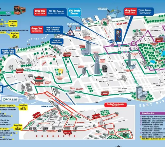 Mapa turystyczna Nowego Jorku pokazuje, w jakim stanie jest miasto, z zaznaczonymi atrakcjami i trasami autobusów.