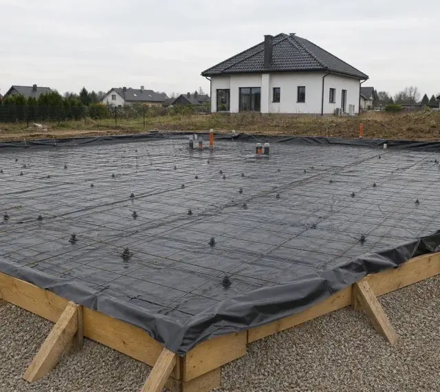 Fundament budowy domu z zbrojeniem i folią fundamentową, gotowy do zalania betonem. W tle widać domy mieszkalne.
