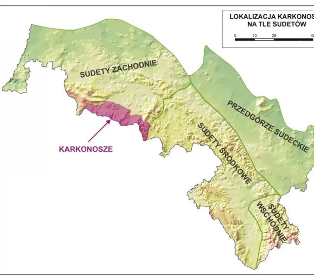 Mapa pokazuje lokalizację Karkonoszy na tle Sudetów. Widać podział na Sudety Zachodnie, Środkowe, Wschodnie i Przedgórze Sudeckie.