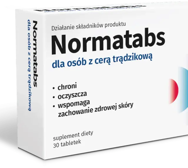 Opakowanie suplementu diety Normatabs dla osób z cerą trądzikową. Wspomaga zachowanie zdrowej skóry.