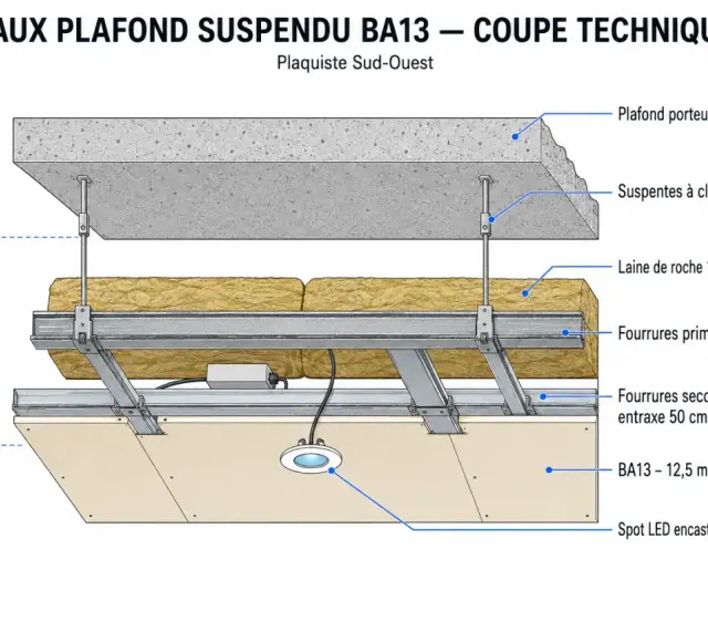 Coupe technique d'un faux plafond suspendu BA13. On voit la dalle béton, l'isolant, la structure métallique et les plaques de plâtre.