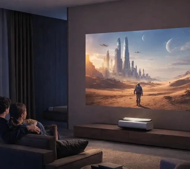 Para ogląda film na wielkim ekranie, gdzie projektor zamiast tv wyświetla futurystyczne miasto na pustyni.