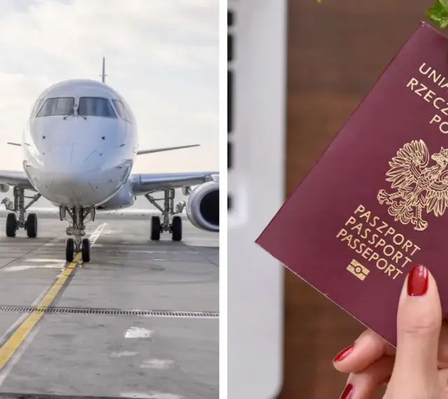 Pracownik lotniska kieruje samolotem, a obok polski paszport. Planujesz podróż z biura paszportowego Jelenia Góra?