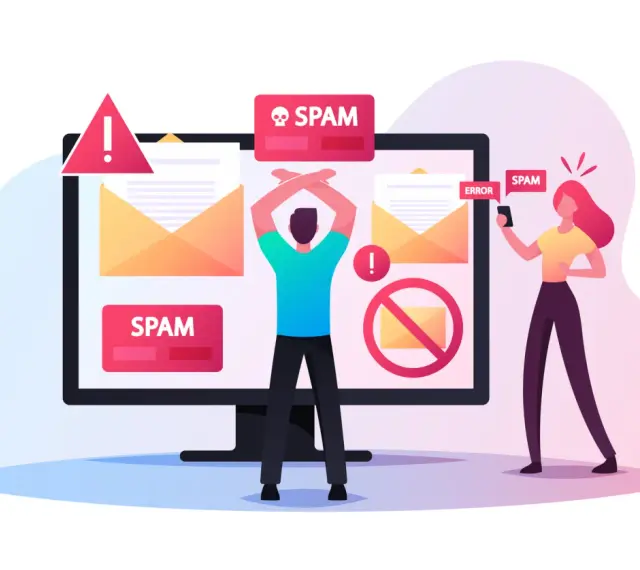 Osoba zrezygnowana przed monitorem z powiadomieniami SPAM, a kobieta z telefonem odbiera kolejne niechciane wiadomości.