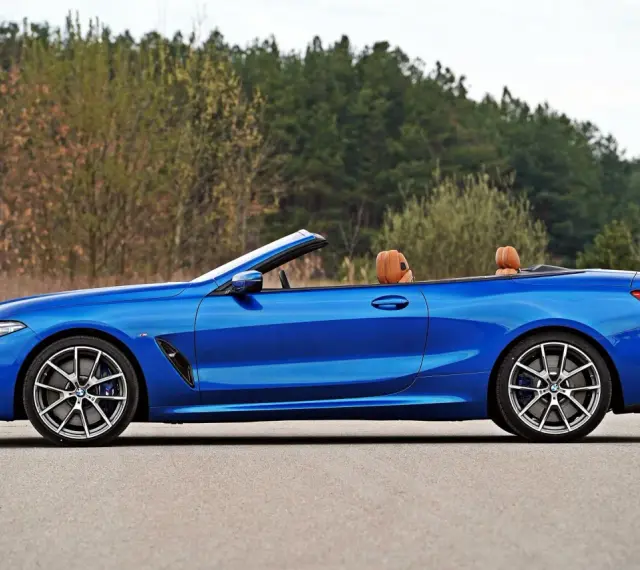 Niebieski roadster z brązową skórzaną tapicerką, zaparkowany na drodze z widokiem na las.