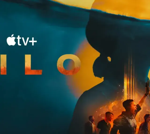 Logo Silos sezon 2. Sylwetka kobiety na tle podwodnego świata i grupy ludzi.