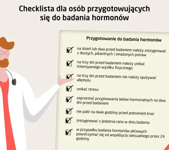Lekarz z listą kontrolną przygotowania do badań hormonów. Unikaj stresu, alkoholu i tłustych potraw, by wyniki były wiarygodne.