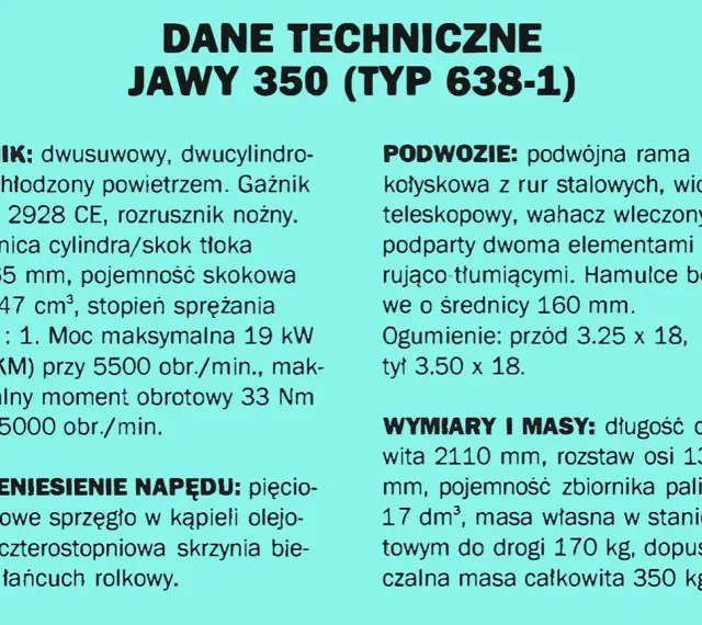 Dane techniczne Jawy 350 (Typ 638-1): silnik dwucylindrowy, moc 19 kW, podwozie z ramą kołyskową, hamulce bębnowe, wymiary i masy.