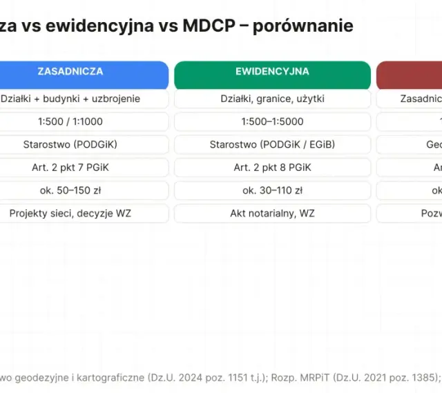 Porównanie map: zasadnicza, ewidencyjna i MDCP. Tabela przedstawia zakres, skalę, prowadzącego, podstawę prawną, cenę i zastosowanie każdej mapy.