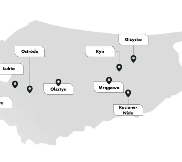 Mapa z zaznaczonymi miastami: Iława, Łukta, Ostróda, Olsztyn, Ryn, Giżycko, Mrągowo, Ruciane-Nida. Planujesz gdzie na Mazury?