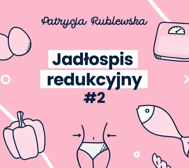 Tania dieta odchudzająca - jadłospis redukcyjny #2. Ilustracje: jajka, ryba, papryka, brokuły, waga, sylwetka.