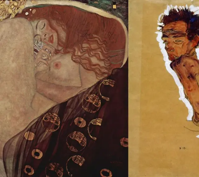 Dwie prace: "Pocałunek" Gustava Klimta, austriackiego malarza, i ekspresyjny portret mężczyzny autorstwa Egona Schiele.