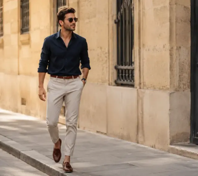 Mężczyzna w granatowej koszuli i beżowych spodniach, prezentujący styl smart casual, spaceruje ulicą.