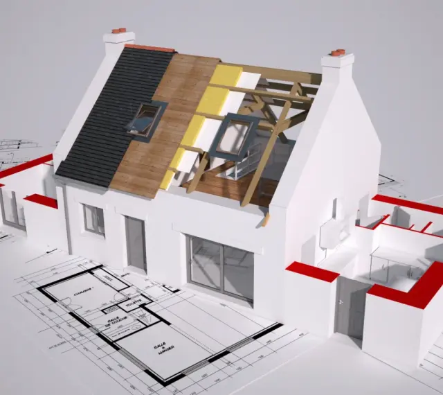 Model domu w przekroju, ukazujący warstwy izolacji dachu i plany architektoniczne. Wizualizacja postępu prac nad termomodernizacją budynku.