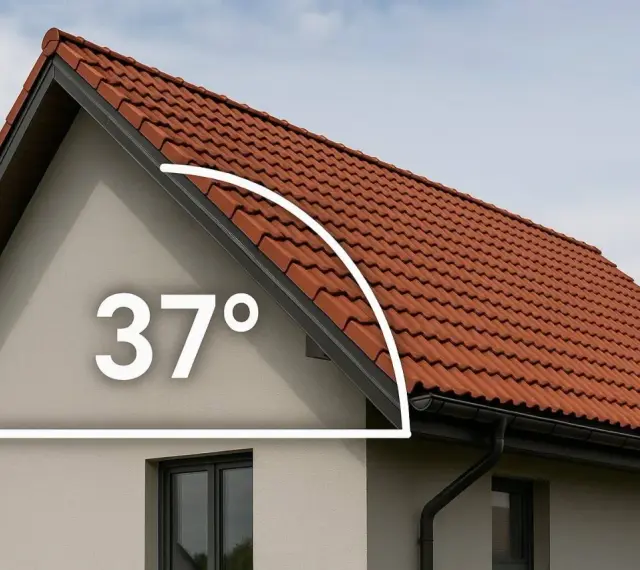 Dachówka ceramiczna na domu z widocznym kątem nachylenia dachu 37°.